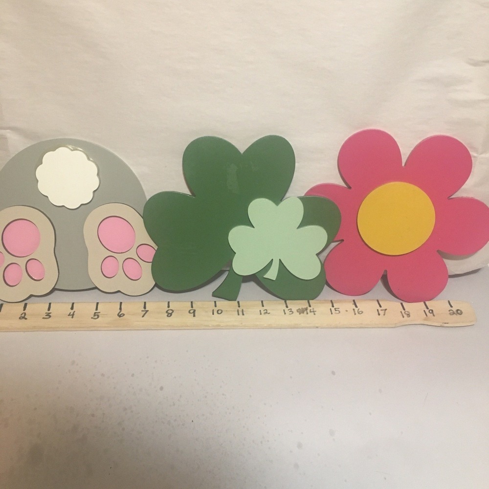 3 Wooden Cutouts For‎ Easter Spring Crafts Clover Flower Bunny 7" Each - Picture 8 of 12